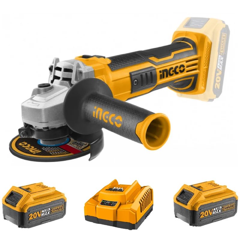 Ingco Cordless Angle Grinder 20V 115Mm Kit (Charger + 2X Battery (5Ah) Incl.)