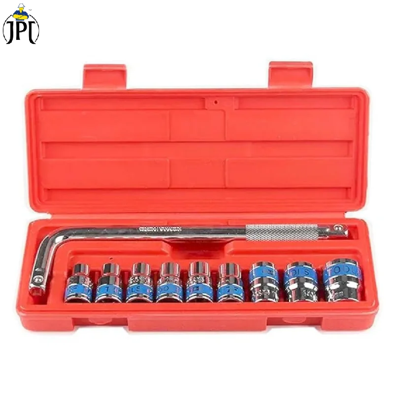 JPT 1/2-Inch Chromium Vanadium Steel Finish 9+1-Piece Impact Socket Wrench Spanner Set | L Spanner Hand Tool Box | Goti Pana Set for Automobiles, Bike, Car, and Home DIY Use