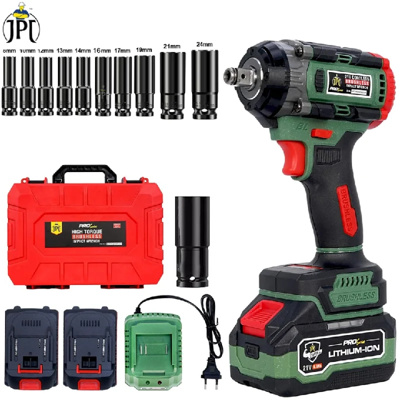 JPT Combo 1/2" Heavy Duty Brushless Motor Pro-Series Cordless Impact Wrench with 10-Piece Impact Socket Set | 550N.m Torque | 3650 RPM Speed | 2 Speed Modes | 4000mAh Battery | Fast Charger | 18 Months Warranty