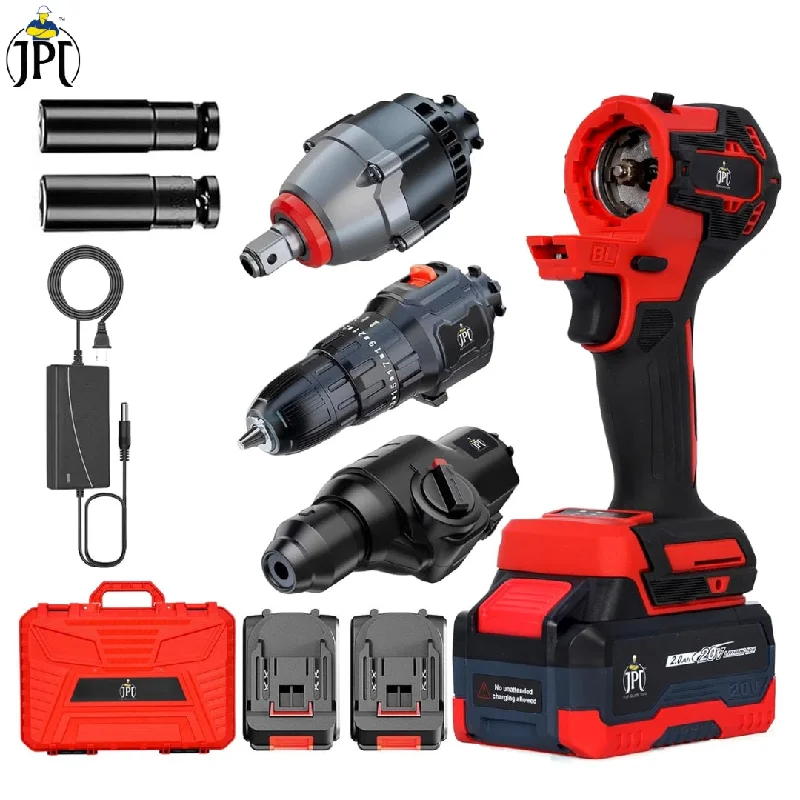 JPT Heavy Duty Brushless 3-In-1 Cordless Power Tool Set | 3-Speed Power Unit with Impact Wrench, Impact Drill, and Rotary Hammer Attachment