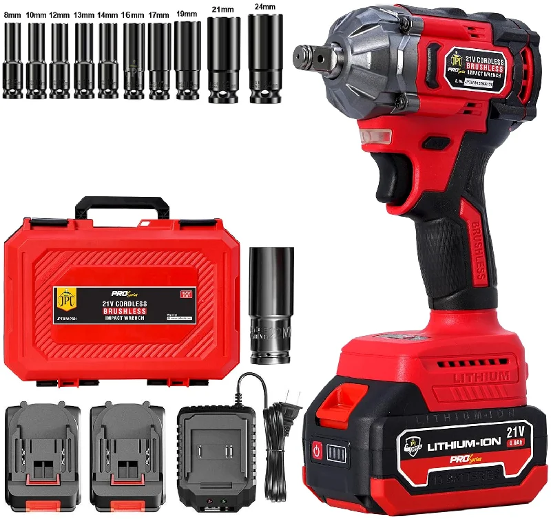 JPT Combo Pro Series Brushless 21v Cordless Impact Wrench with 10-Piece Impact Socket Set | 350N.m Torque | 3450RPM Speed | 4000mAh Battery | Fast Charger | 12-Months Warranty