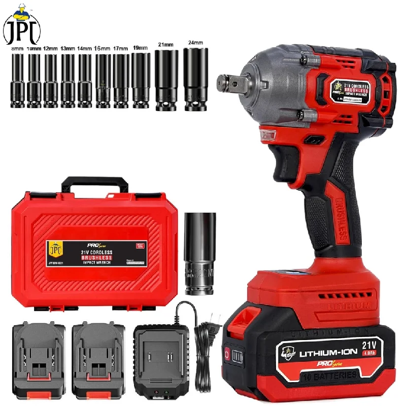 JPT Combo Pro Series Brushless 21-volt Cordless Impact Wrench | 570N.m Torque | 4400 RPM Speed | 2 Speed Modes | 1/2-Inch Hex Shank | Bright LED Light | 4000mAh Battery | Fast Charger | 10 Impact Sockets Inlcuded