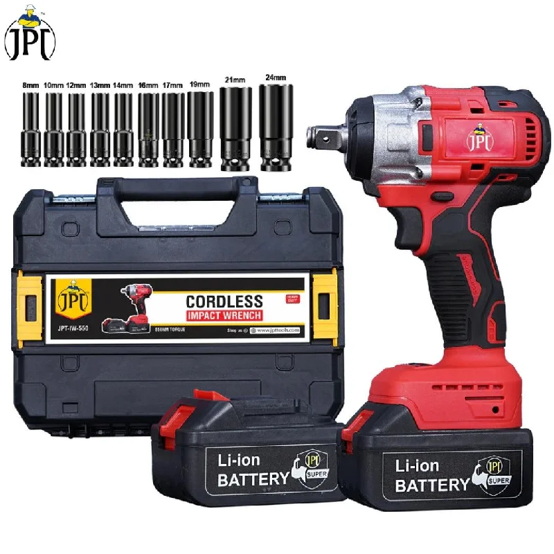 JPT Combo 21v Powerful Brushless Motor Cordless Impact Wrench | 550 Nm Torque | 4200 RPM Speed | 1/2-Inch Hex Head | 3 LED Lights | 4000mAh Battery | Fast Charger | 10 Piece Sockets | Carry Case