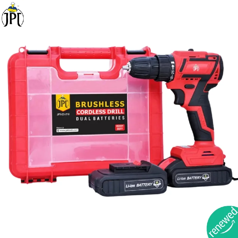 JPT 21-volt Brushless Cordless Impact Drill Machine | 60 Nm Torque | 2250 RPM Speed | 3/8-Inch Keyless Chuck | 2 Speed Modes | 25+3 Setting Modes | 1500mAh Battery | Fast Charger ( RENEWED )