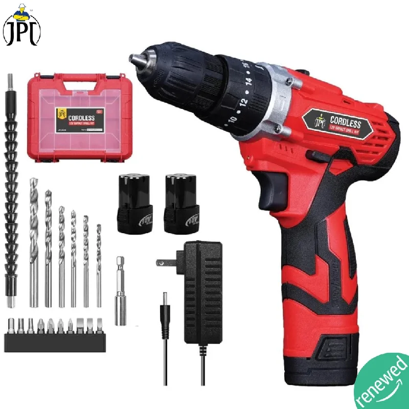 JPT 12v Impact Cordless Drill Machine / Driver | 30 Nm Torque | 1800 RPM | 3/8" Chuck | 2 Speed Modes | 3 Setting Modes | LED Light | Forward & Reversed | All Premium Accessories Included ( RENEWED )