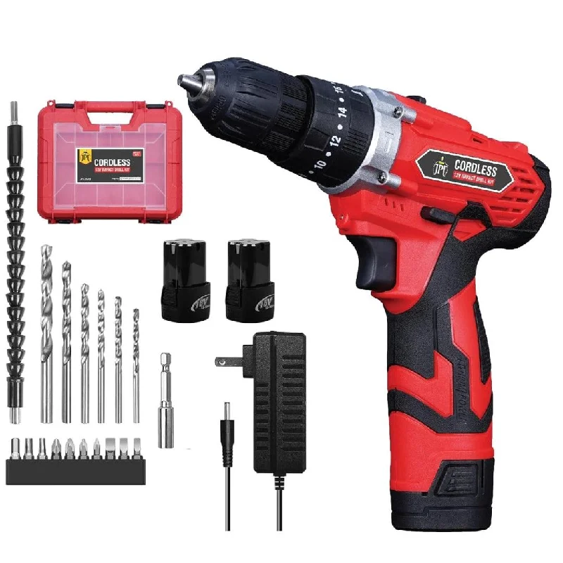 JPT 12-volt Impact Cordless Drill Machine / Driver  | 30 Nm Torque | 1800 RPM Speed | 3/8" Keyless Chuck | 2 Speed Modes | 3 Setting Modes | LED Light | Forward & Reversed | All Premium Accessories Included