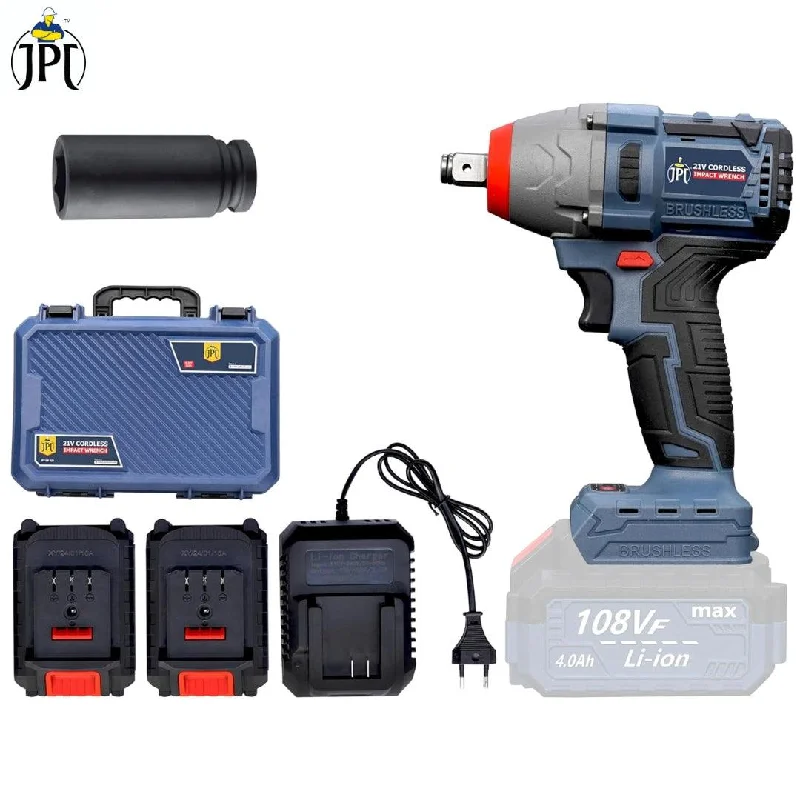 JPT New Brushless Heavy Duty Cordless Impact Wrench | 400 Nm Torque | 0-4300 RPM Speed | 0-3800 BPM | 1/2-Inch Head | LED Light | Forward/Reverse | 4000mAh Battery | Fast Charger | One Socket