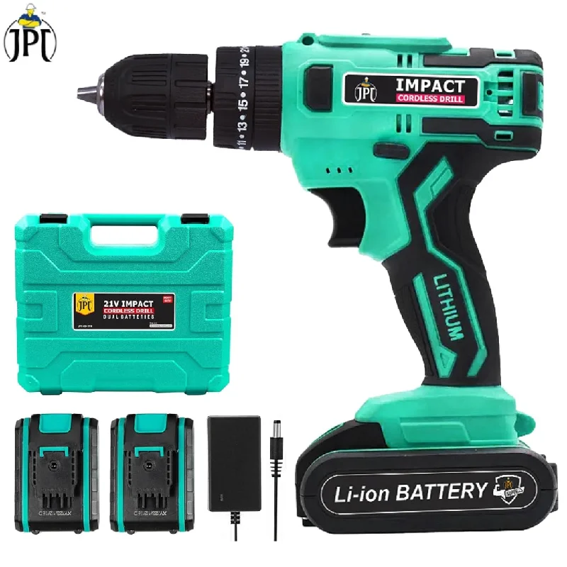 JPT 21-volt Portable 3/8-Inch Impact Cordless Drill Machine | 28 Nm Torque | 1350 RPM Speed | 2 Seed Mode | 3 Mode Setting | Forward And Backward | LED Light | 2.0Ah Battery | Fast Charger ( Aqua Green )