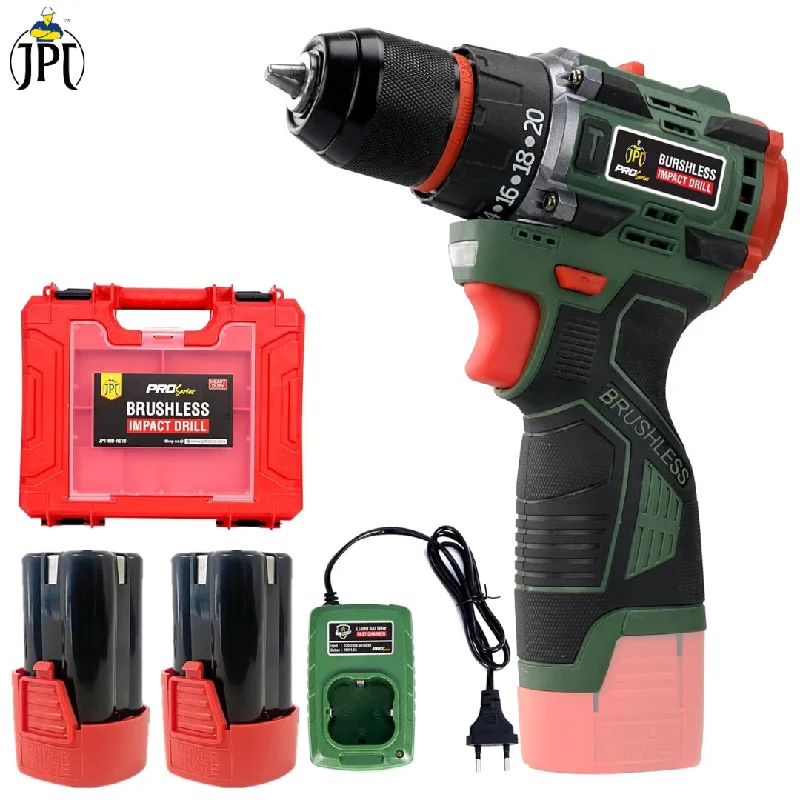 JPT New Pro Series Brushless 18-volt Cordless Impact Drill Machine with 70N.m Torque | 2150 RPM Speed | 25+3 Gears | 2 Speed Modes | 3/8" Metal Chuck | One Year Warranty | Green Edition