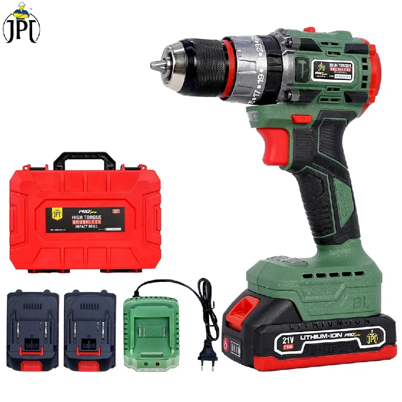 JPT New Pro Series Brushless 21-volt Cordless Impact Drill Machine with 65N.m Torque | 1700 RPM Speed | 25+3 Gears | 2 Speed Modes | 3/8" Metal Chuck | Green Edition | One Year Warranty