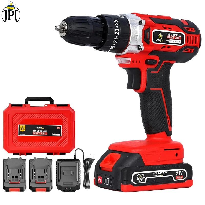 JPT Pro Series 21-volt Heavy Duty Impact Cordless Drill Machine | Max 40Nm Torque | Max 1600 RPM Speed | 10mm Keyless Chuck | 25+3 Gears | 2000mAh Battery | Fast Charger | One Year Motor Warranty