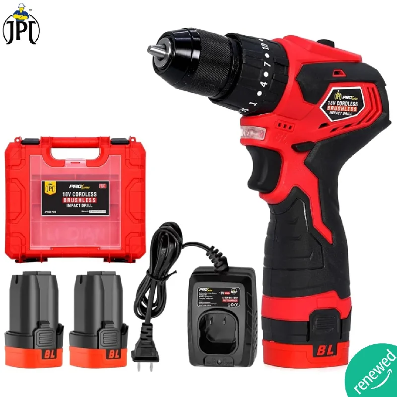 JPT Pro Series New Brushless 18v Cordless Impact Drill Machine | 65N.m Torque | 2000 RPM Speed | 35+3 Gears Box | 2 Speed Modes | 3/8" Metal Chuck | 1500mAh Battery | Fast Charger (  RENEWED)