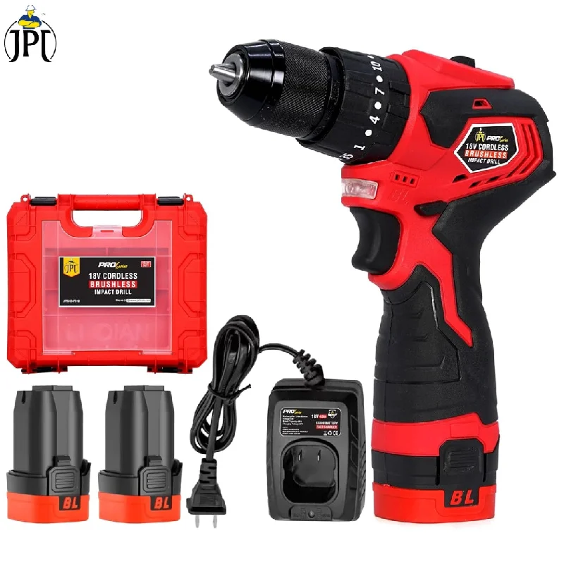 JPT Pro Series New Brushless 18v Cordless Impact Drill Machine | 65N.m Torque | 2000 RPM Speed | 35+3 Gears Box | 2 Speed Modes | 3/8" Metal Chuck | 1500mAh Battery | Fast Charger