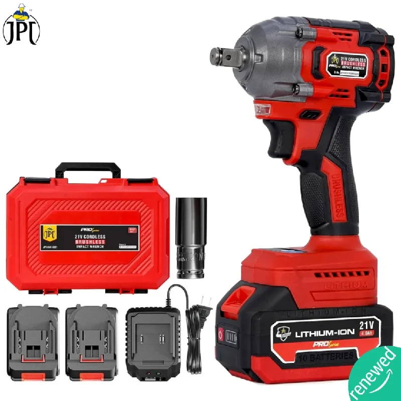 JPT Pro Series Brushless 21-volt Cordless Impact Wrench | 570N.m Torque | 4400 RPM Speed | 2 Speed Modes | 1/2-Inch Hex Shank | Bright LED Light | 4000mAh Battery | Fast Charger | 12 Months Warranty ( RENEWED )