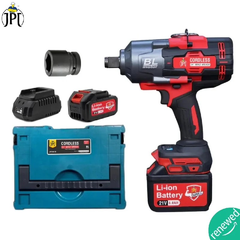 JPT Supreme Powerful Brushless 21-volt Cordless Impact Wrench | 2100 Nm Torque | 2300 RPM Speed | 3/4-Inch Head Shank | Bright LED Light | 8000mAh Battery | Fast Charger | 36mm Socket | Heavy Carry Case ( RENEWED )