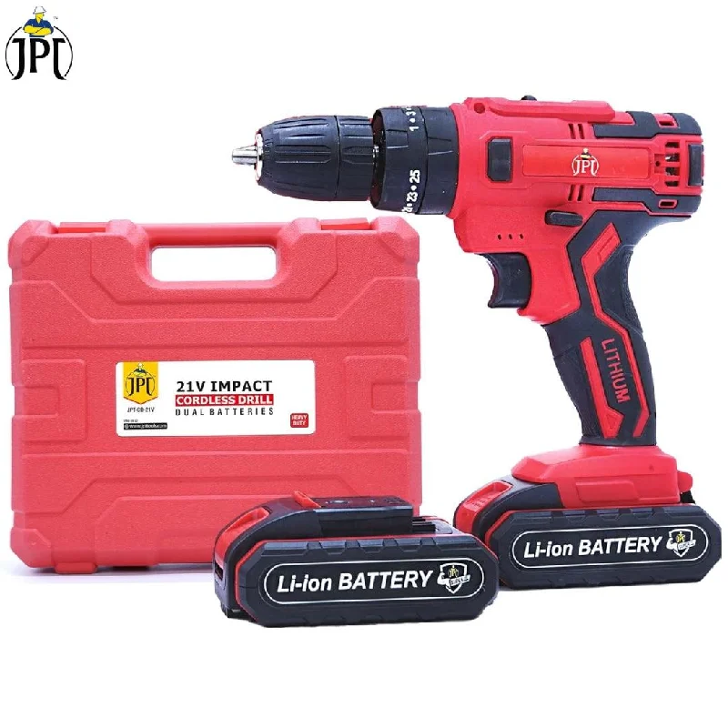 JPT Heavy Duty 21-volt Impact Cordless Drill Machine | 28 Nm Torque | 1350 RPM Speed | 3/8-Inch Keyless Chuck | 25+3 Setting Modes | 2 Speed Modes | 2000mAh Battery | Fast Charger