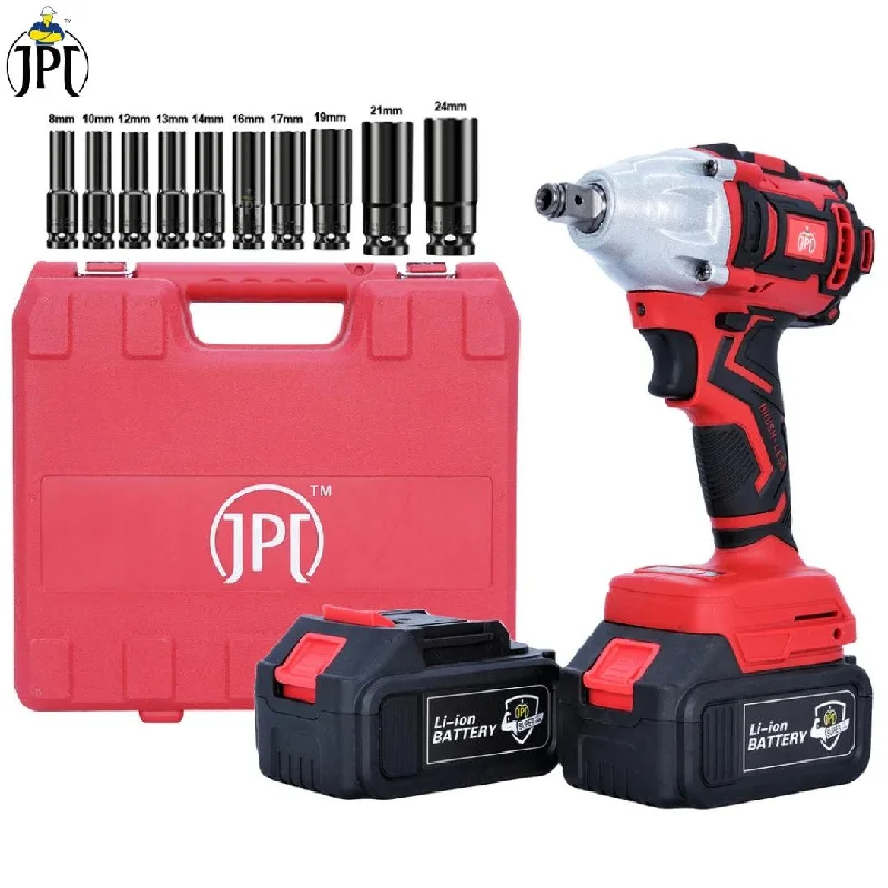 JPT Combo 21-Volt Brushless Cordless Impact Wrench | 320 Nm Torque | 0-2300 RPM | 1/2" Head Hex Shank | Forward & Reverse | LED Light | 4000mAh Battery | Fast Charger | 10 Piece Sockets (10mm To 24mm)