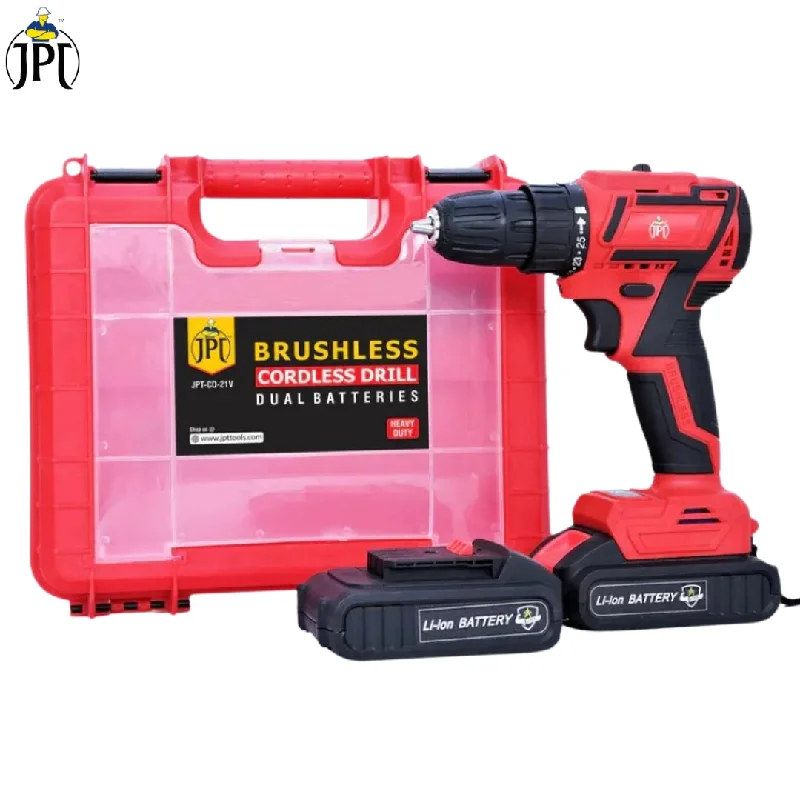 JPT 21-volt Brushless Cordless Impact Drill Machine | 60 Nm Torque | 2250 RPM Speed | 3/8-Inch Keyless Chuck | 2 Speed Modes | 25+3 Setting Modes | 1500mAh Battery | Fast Charger