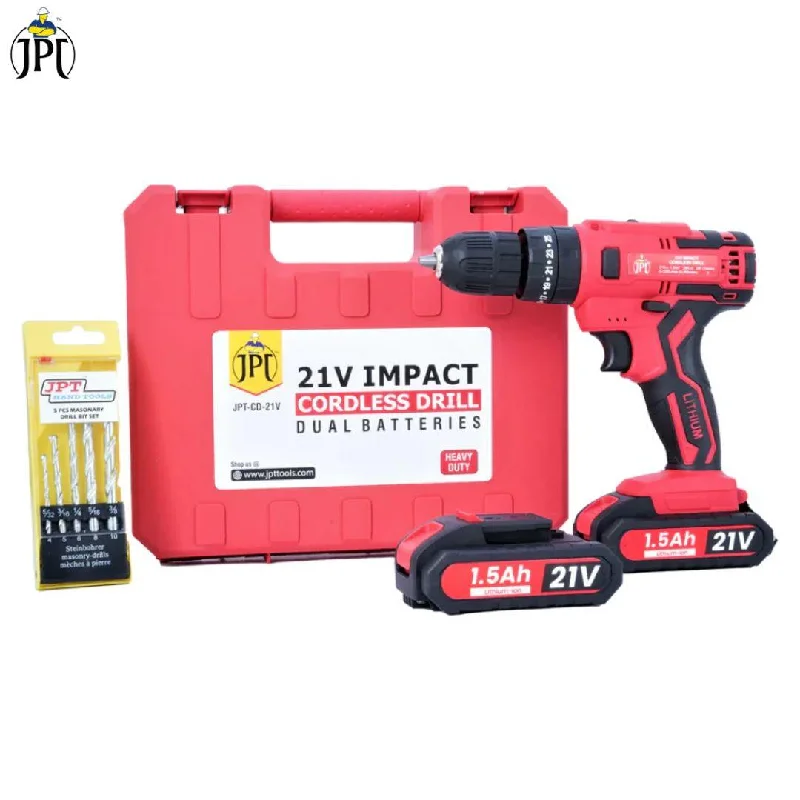 JPT Heavy Duty 21-volt Impact Cordless Drill Machine | 28 Nm Torque | 1350 RPM Speed | 2x Speed Modes | 25+3 Setting Modes | 3/8" Keyless Chuck | 1500 mAh Battery | Fast Charger | 5 Drill Bit Set