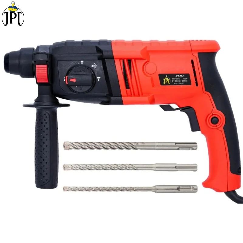 JPT Pro SDS-Plus 20MM Rotary Hammer Machine | 700-Watt Motor | 1400 RPM Speed | 2.4 Joules Impact | 5100 BPM Force | 3 Function Modes | 3 Drill Bits | Depth Gauge | Auxiliary Handle