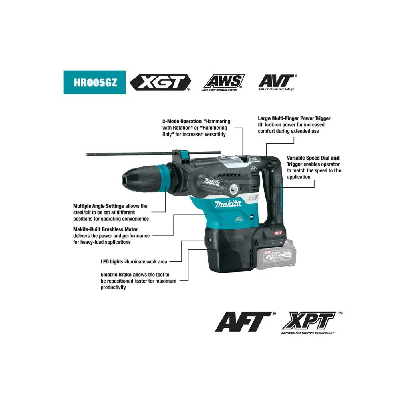 MAKITA 40Vmax XGT Brushless AWS 40mm Rotary Hammer - SDS-Max - BARE TOOL